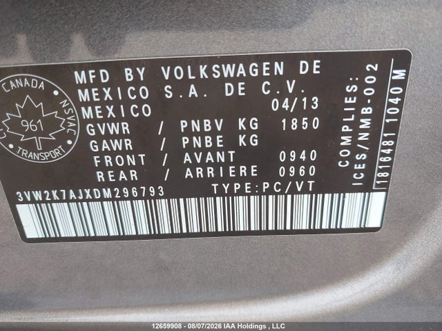 2013 Volkswagen Jetta 2.0l Trendline/2.0l Trendline+ მანქანა იყიდება აუქციონზე, vin: 3VW2K7AJXDM296793, აუქციონის ნომერი: 12659908