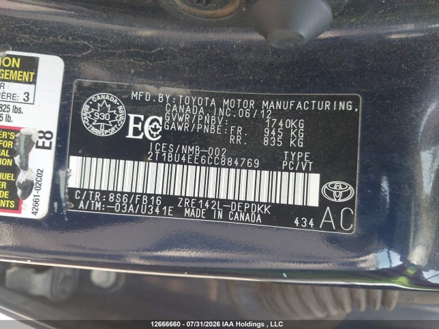 Продаж на аукціоні авто 2012 Toyota Corolla Ce, vin: 2T1BU4EE6CC884769, номер лоту: 12666660