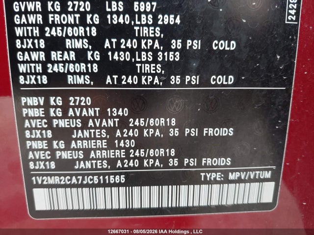 12667031 :رقم المزاد ، 1V2MR2CA7JC511565 vin ، 2018 Volkswagen Atlas 3.6 Fsi Highline مزاد بيع