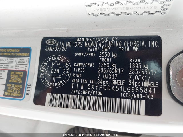 12676336 :رقم المزاد ، 5XYPGDA51LG665841 vin ، 2020 Kia Sorento 3.3l Black Line/3.3l Lx+ مزاد بيع
