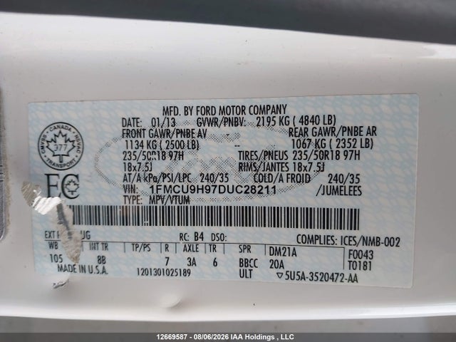 Продажа на аукционе авто 2013 Ford Escape Sel, vin: 1FMCU9H97DUC28211, номер лота: 12669587
