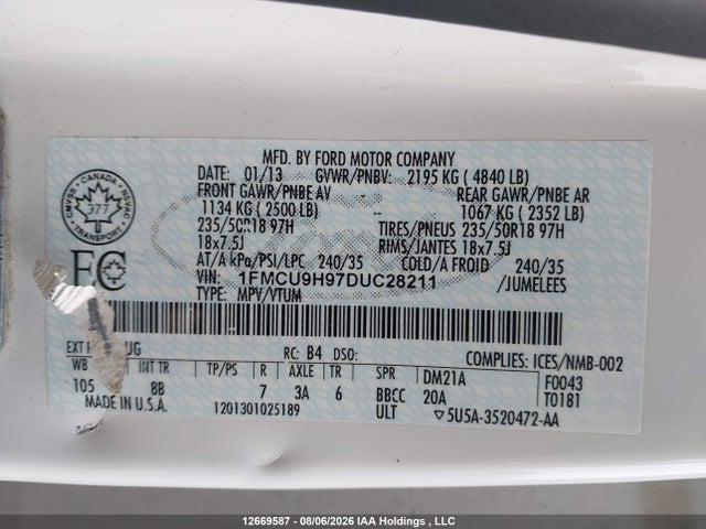 Продажа на аукционе авто 2013 Ford Escape Sel, vin: 1FMCU9H97DUC28211, номер лота: 12669587
