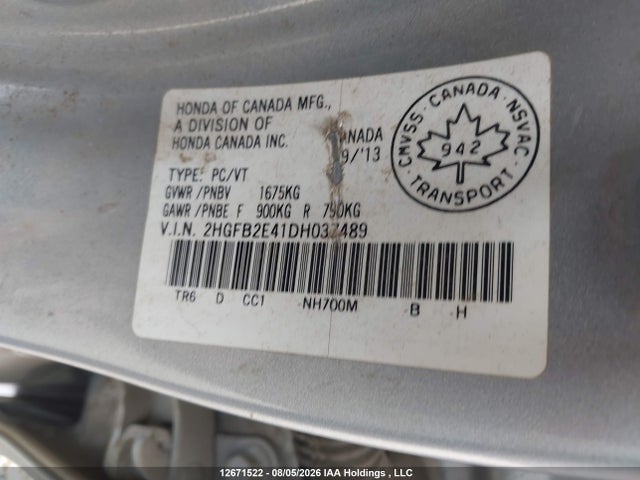 Продажа на аукционе авто 2013 Honda Civic Lx, vin: 2HGFB2E41DH037489, номер лота: 12671522