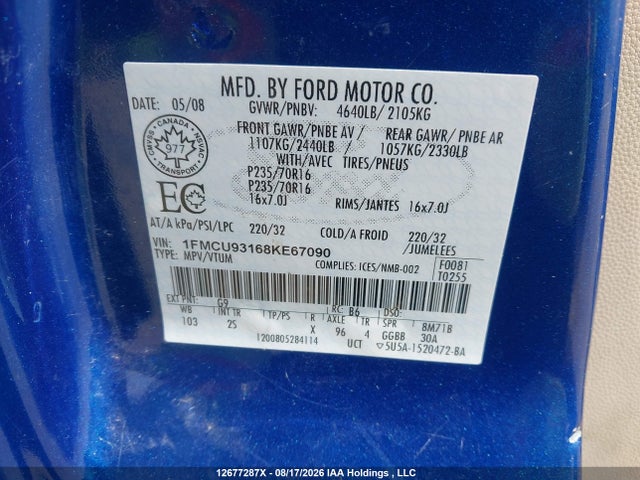 2008 Ford Escape Xlt მანქანა იყიდება აუქციონზე, vin: 1FMCU93168KE67090, აუქციონის ნომერი: 12677287