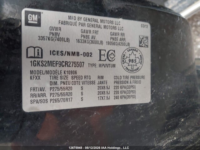 Aukcja sprzedaży 2012 Gmc Yukon Xl 1500 Denali, vin: 1GKS2MEF9CR275507, numer aukcji: 12675948