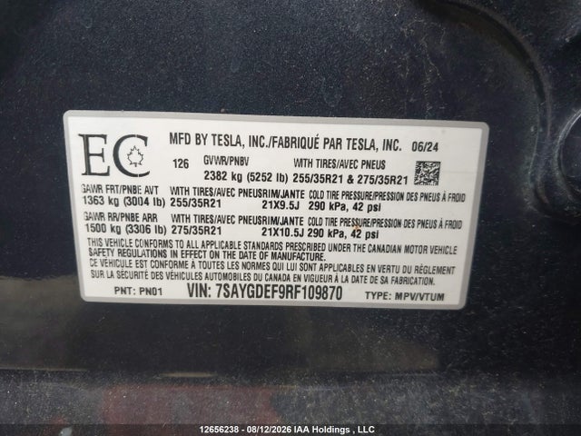 Продаж на аукціоні авто 2024 Tesla Model Y Performance, vin: 7SAYGDEF9RF109870, номер лоту: 12656238