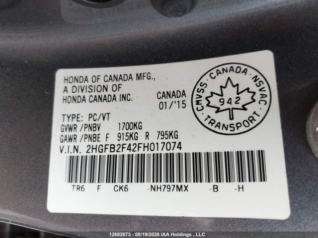 Honda Civic Lx 2015 2HGFB2F42FH017074 Image 9