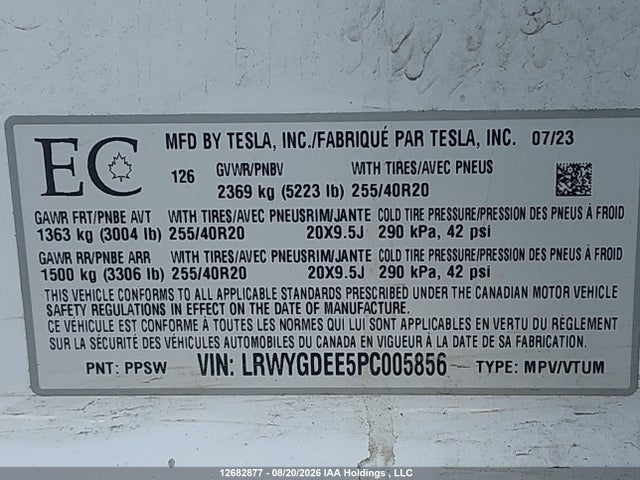 Aukcja sprzedaży 2023 Tesla Model Y, vin: LRWYGDEE5PC005856, numer aukcji: 12682877