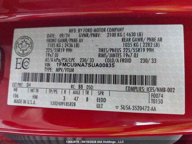 12682878 :رقم المزاد ، 1FMCU9NA7SUA00835 vin ، 2025 Ford Escape مزاد بيع