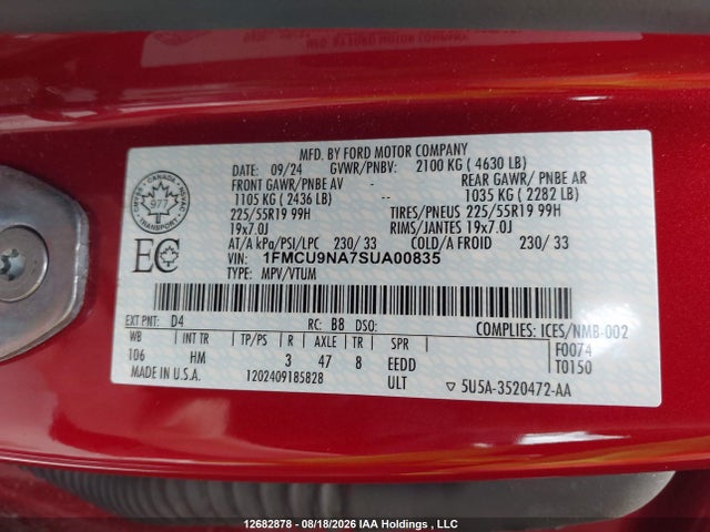 12682878 :رقم المزاد ، 1FMCU9NA7SUA00835 vin ، 2025 Ford Escape مزاد بيع