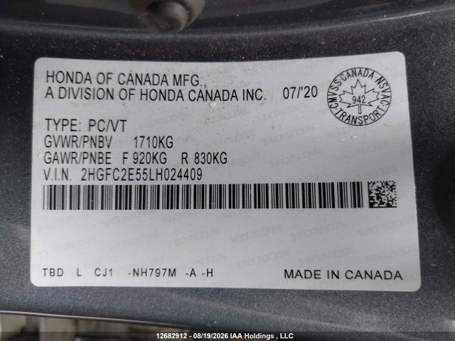 2020 Honda Civic Lx მანქანა იყიდება აუქციონზე, vin: 2HGFC2E55LH024409, აუქციონის ნომერი: 12682912