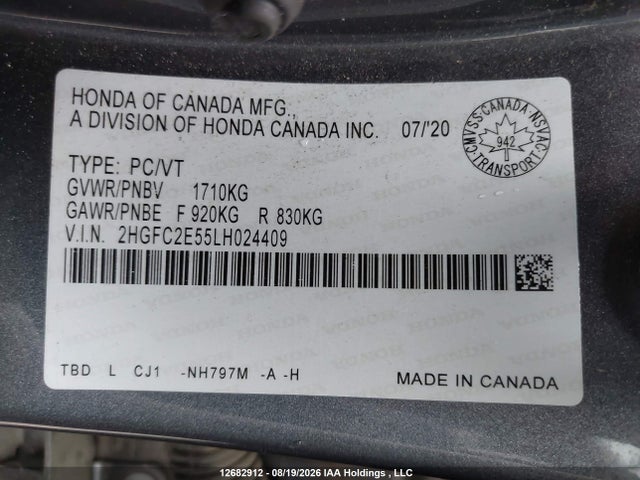 2020 Honda Civic Lx მანქანა იყიდება აუქციონზე, vin: 2HGFC2E55LH024409, აუქციონის ნომერი: 12682912