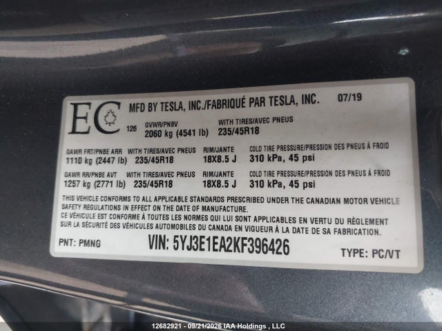 12682921 :رقم المزاد ، 5YJ3E1EA2KF396426 vin ، 2019 Tesla Model 3 Long Range/mid Range/standard Range/standard Range Plus مزاد بيع