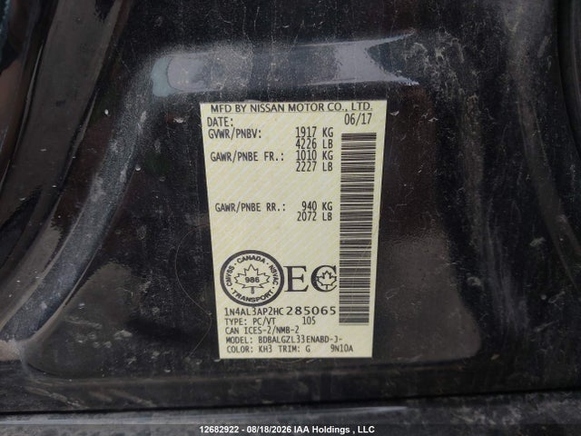 Auction sale of the 2017 Nissan Altima 2.5/s/sv/sl/sr, vin: 1N4AL3AP2HC285065, lot number: 12682922