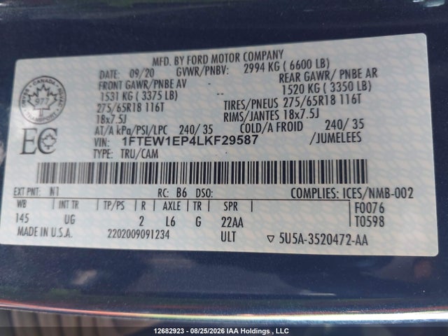 Ford F150 Supercrew 2020 1FTEW1EP4LKF29587 Image 19
