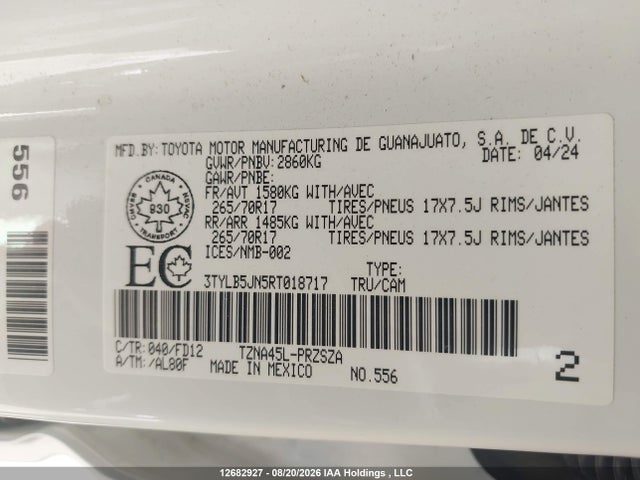 Продаж на аукціоні авто 2024 Toyota Tacoma Double Cab/sr5/trd Sport/trd Off Road/ltd, vin: 3TYLB5JN5RT018717, номер лоту: 12682927