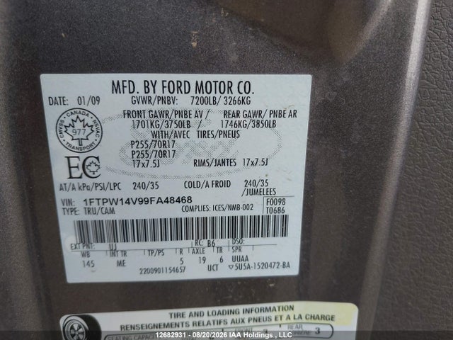 2009 Ford F-150 Fx4/king Ranch/lariat/platinum/xlt მანქანა იყიდება აუქციონზე, vin: 1FTPW14V99FA48468, აუქციონის ნომერი: 12682931