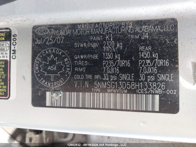 2008 Hyundai Santa Fe მანქანა იყიდება აუქციონზე, vin: 5NMSG13D58H133826, აუქციონის ნომერი: 12682932