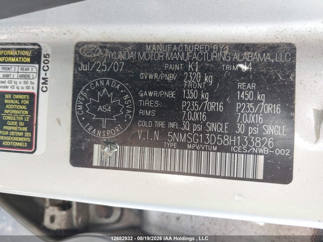 2008 Hyundai Santa Fe მანქანა იყიდება აუქციონზე, vin: 5NMSG13D58H133826, აუქციონის ნომერი: 12682932