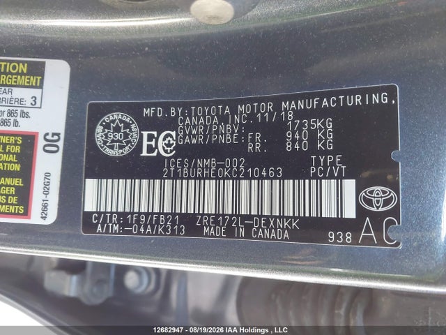 12682947 :رقم المزاد ، 2T1BURHE0KC210463 vin ، 2019 Toyota Corolla L/le/xle/se/xse مزاد بيع