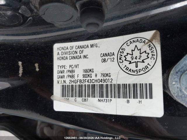 Aukcja sprzedaży 2012 Honda Civic, vin: 2HGFB2F43CH049012, numer aukcji: 12682951