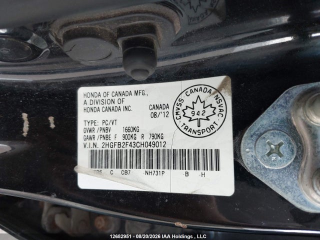 Aukcja sprzedaży 2012 Honda Civic, vin: 2HGFB2F43CH049012, numer aukcji: 12682951