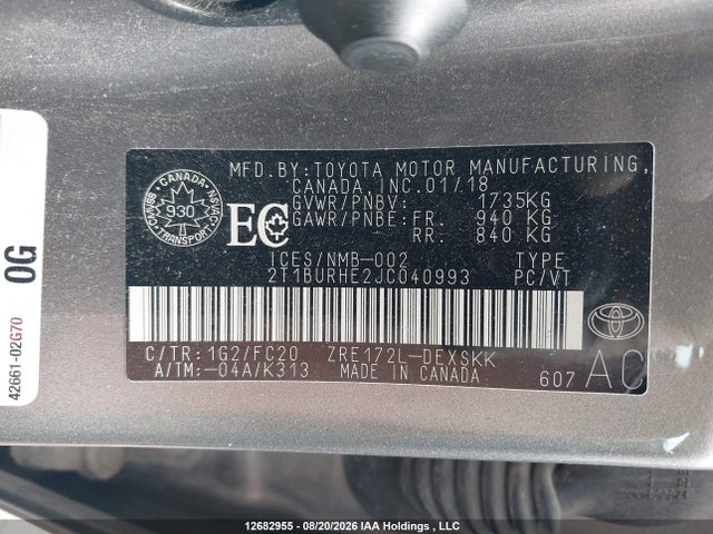 2T1BURHE2JC040993 Toyota COROLLA SE