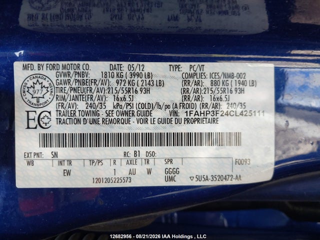 2012 Ford Focus მანქანა იყიდება აუქციონზე, vin: 1FAHP3F24CL425111, აუქციონის ნომერი: 12682956