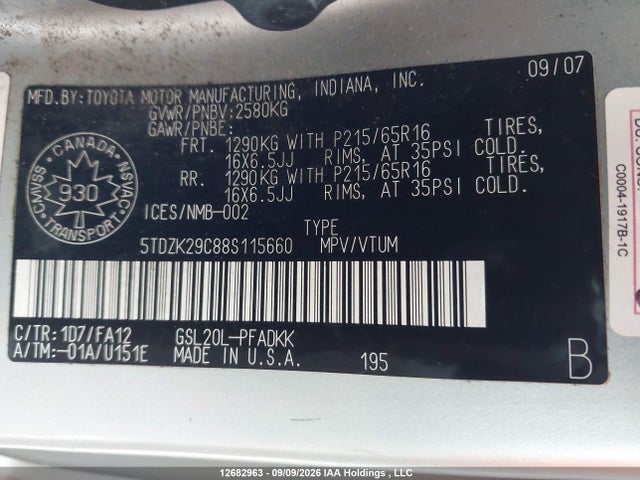 12682963 :رقم المزاد ، 5TDZK29C88S115660 vin ، 2008 Toyota Sienna مزاد بيع