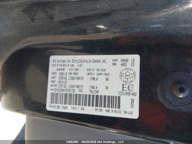 Продажа на аукционе авто 2007 Dodge Ram 2500 Laramie, vin: 3D7KS28A47G781192, номер лота: 12682967