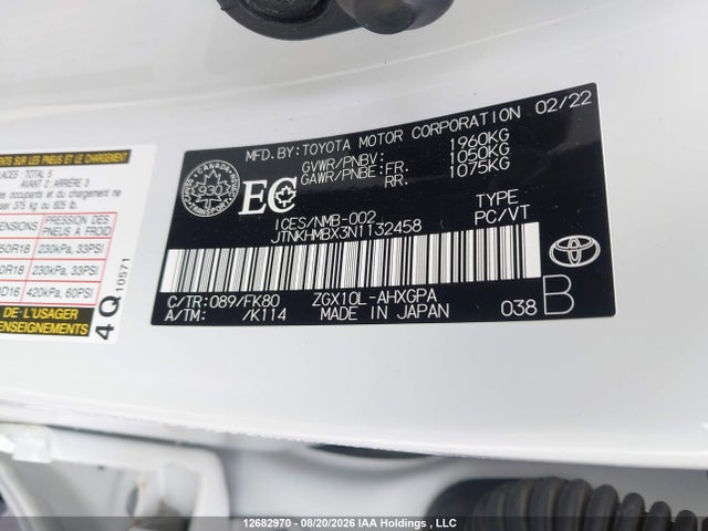 12682970 :رقم المزاد ، JTNKHMBX3N1132458 vin ، 2022 Toyota C-hr Xle/night Shade/limited مزاد بيع