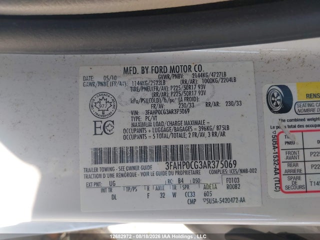 2010 Ford Fusion Sel მანქანა იყიდება აუქციონზე, vin: 3FAHP0CG3AR375069, აუქციონის ნომერი: 12682972