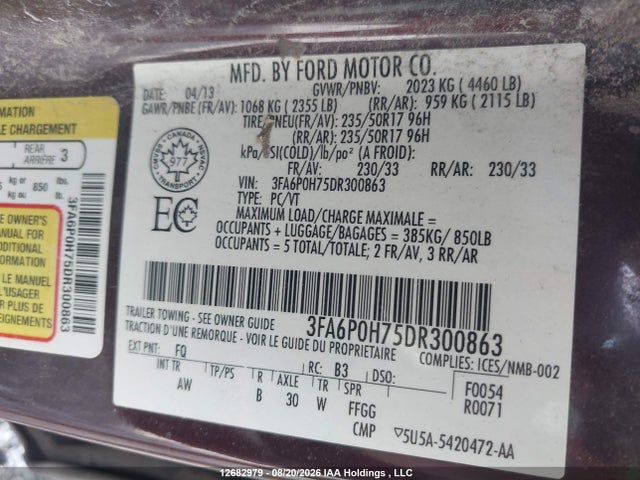 Продажа на аукционе авто 2013 Ford Fusion Se, vin: 3FA6P0H75DR300863, номер лота: 12682979