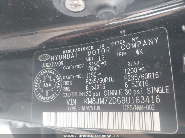 Продажа на аукционе авто 2009 Hyundai Tucson Gl V6/limited, vin: KM8JM72D69U163416, номер лота: 12682985