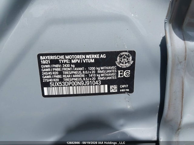 Aukcja sprzedaży 2022 Bmw X3 Xdrive30i, vin: 5UX53DP00N9J91043, numer aukcji: 12682986
