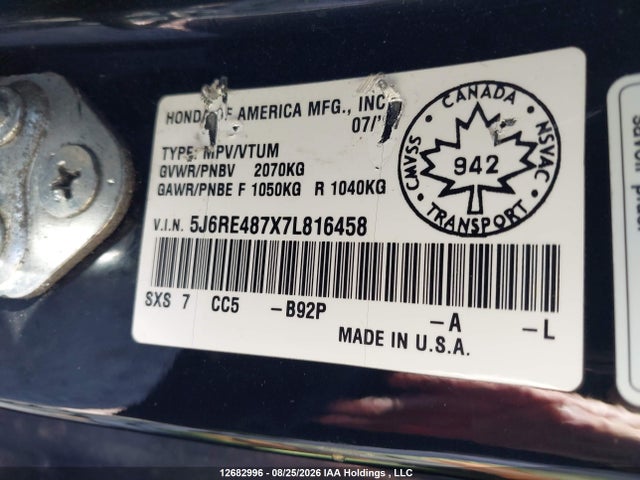Aukcja sprzedaży 2007 Honda Cr-v Exl, vin: 5J6RE487X7L816458, numer aukcji: 12682996