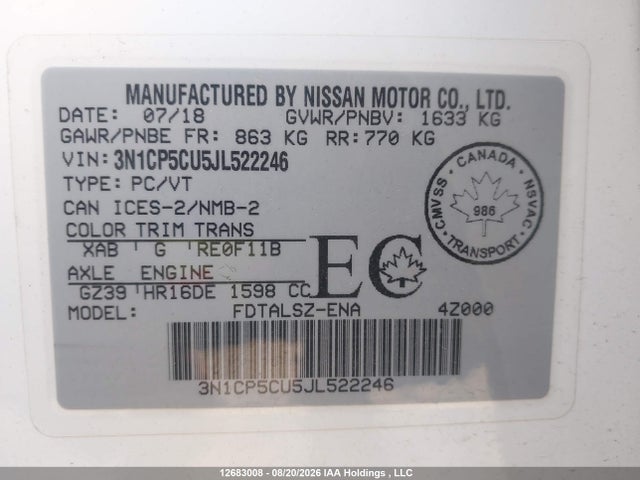 2018 Nissan Kicks S/sr/sv მანქანა იყიდება აუქციონზე, vin: 3N1CP5CU5JL522246, აუქციონის ნომერი: 12683008