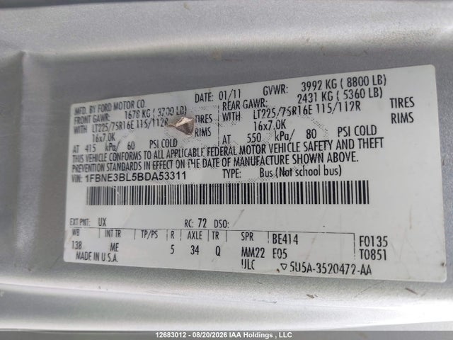 Продажа на аукционе авто 2011 Ford Econoline E350 Super Duty Wagon, vin: 1FBNE3BL5BDA53311, номер лота: 12683012
