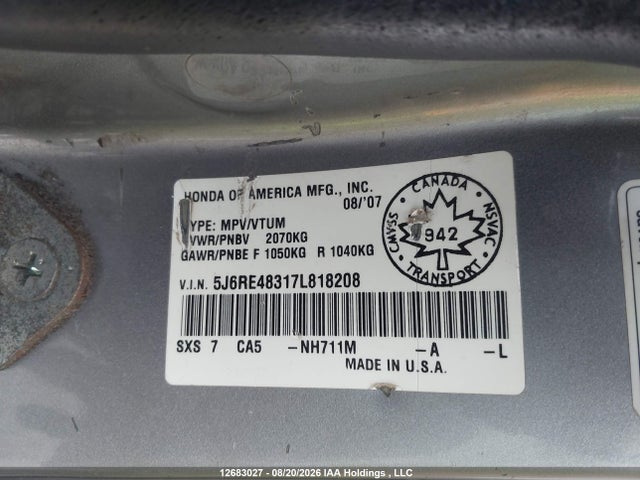 Aukcja sprzedaży 2007 Honda Cr-v Lx, vin: 5J6RE48317L818208, numer aukcji: 12683027