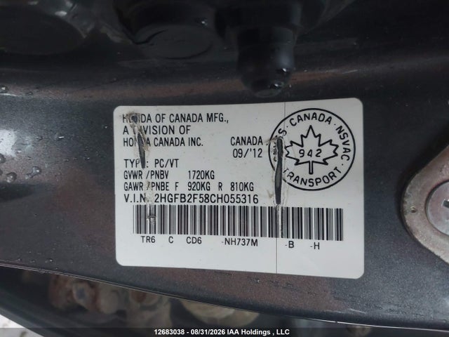 Продаж на аукціоні авто 2012 Honda Civic Ex 4dr, vin: 2HGFB2F58CH055316, номер лоту: 12683038