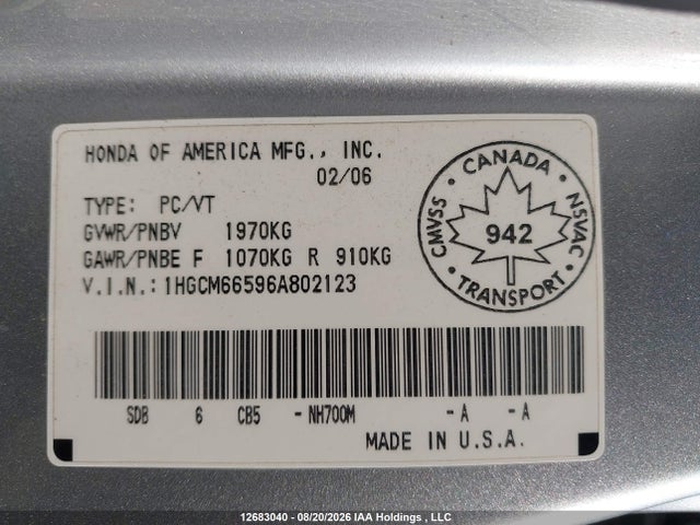 Aukcja sprzedaży 2006 Honda Accord, vin: 1HGCM66596A802123, numer aukcji: 12683040