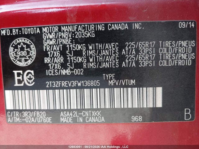 12683051 :رقم المزاد ، 2T3ZFREV3FW136805 vin ، 2015 Toyota Rav4 Le مزاد بيع