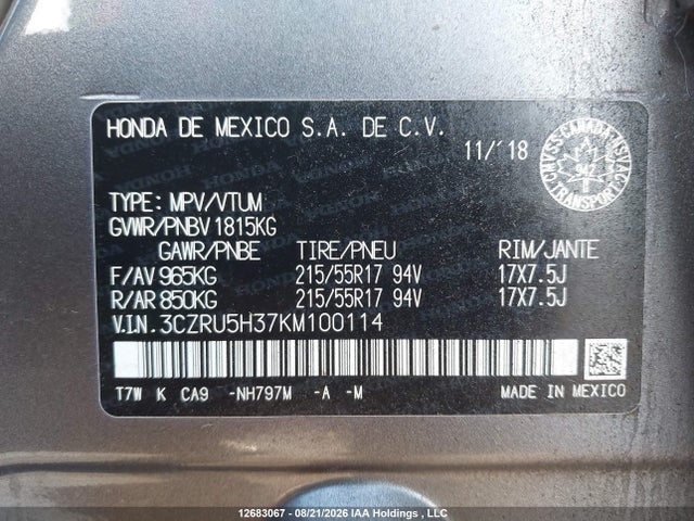 Honda HR-V LX 2019 3CZRU5H37KM100114 Image 9