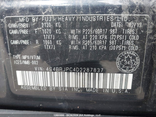 Aukcja sprzedaży 2013 Subaru Outback 3.6r Limited, vin: 4S4BRJPC4D2287837, numer aukcji: 12683088