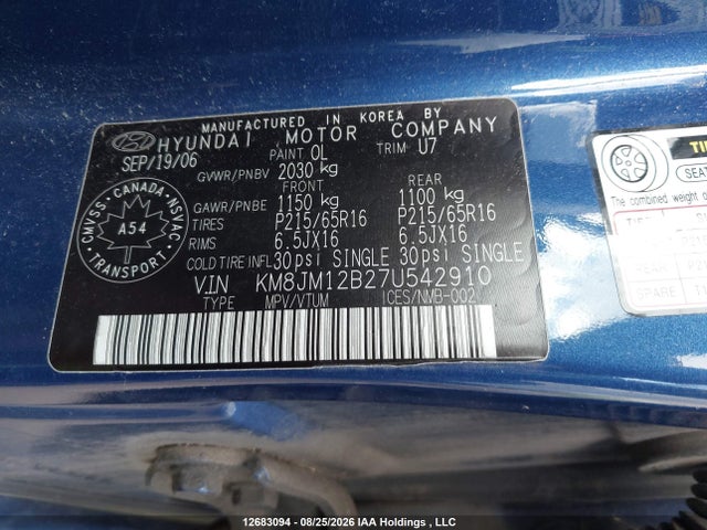 Продажа на аукционе авто 2007 Hyundai Tucson Gls, vin: KM8JM12B27U542910, номер лота: 12683094