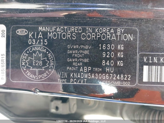 KNADM5A30G6724822 KIA Rio Ex/ex+ W/sunroof/lx/lx+/lx+ Eco/sx