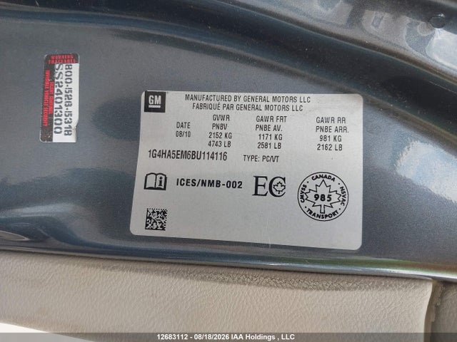 12683112 :رقم المزاد ، 1G4HA5EM6BU114116 vin ، 2011 Buick Lucerne Cx مزاد بيع