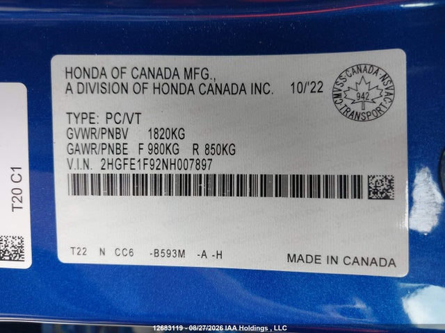 Honda Civic Touring 2022 2HGFE1F92NH007897 Image 19