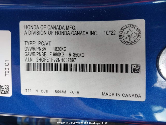 2HGFE1F92NH007897 Honda Civic Touring