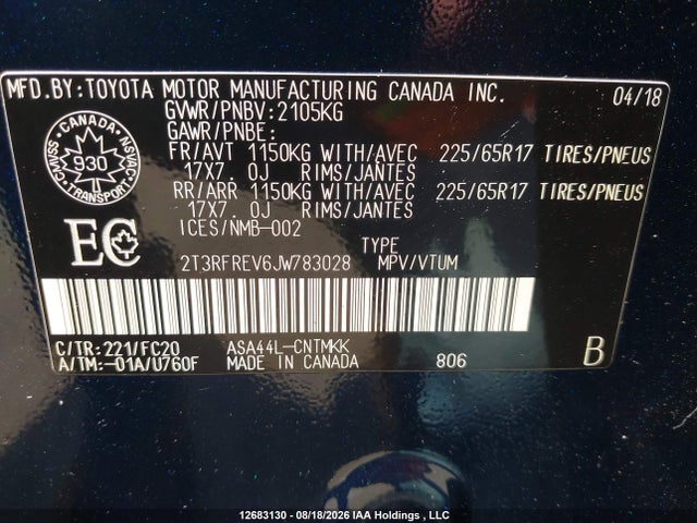 2T3RFREV6JW783028 Toyota Rav4 Xle